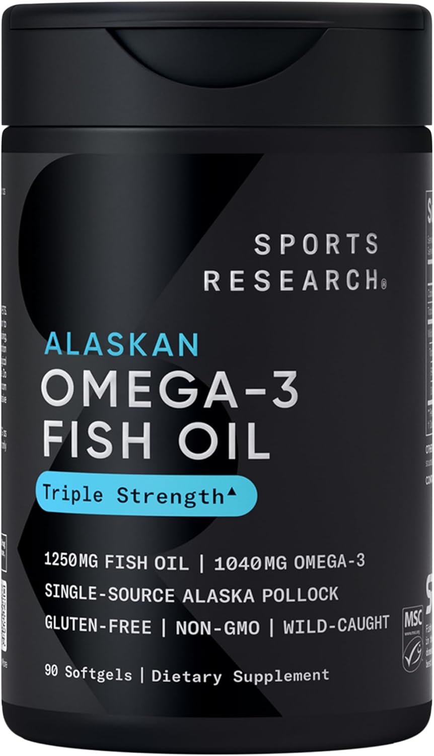Sports Research® Omega-3 Fish Oil 1250 – Triple Strength Fish Oil Supplement from Wild Alaska Pollock – MSC Certified Sustainable · Non-GMO · Soy Free – 90 Softgel Capsules