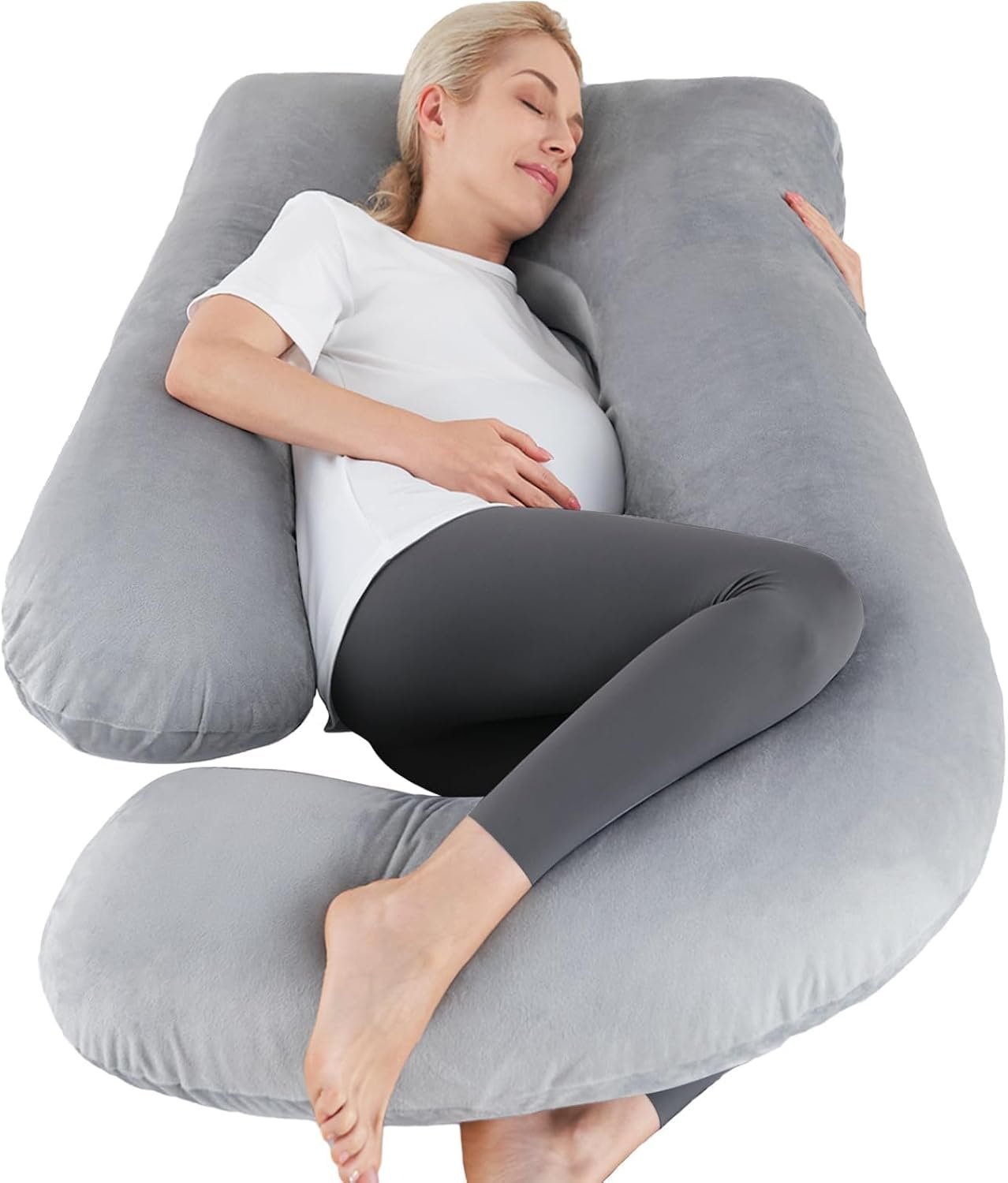 Sasttie Pregnancy Pillows for Sleeping, U Shaped Full Body Pillow for Side Sleepers, Maternity Pillow for Pregnant Women with Removable Velvet Cover, Pregnancy Must Haves, Grey