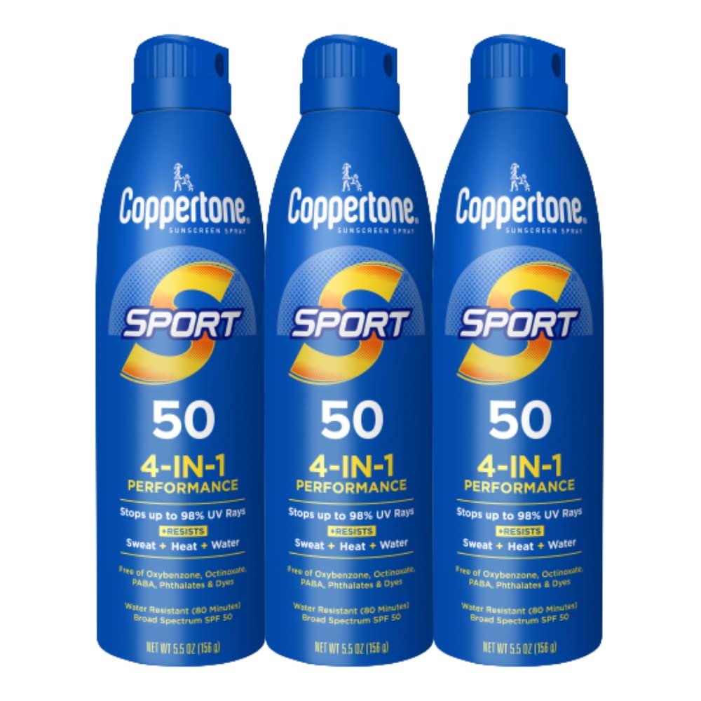 Coppertone Sport Sunscreen Spray SPF 50, Sweat, Heat and Water Resistant Sunblock, Lightweight, Oxybenzone Free, Spray Sunscreen Bulk Pack, 5.5 Oz Bottle, Pack of 3 (Packaging May Vary)