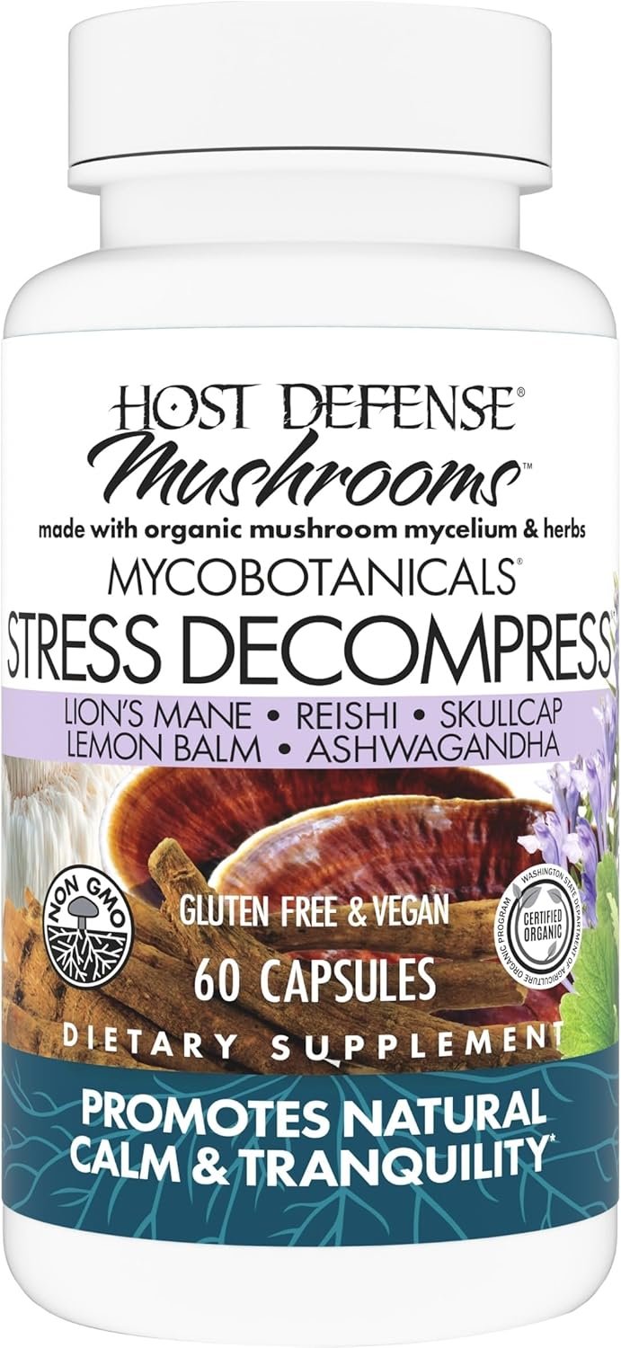 Host Defense MycoBotanicals Stress Decompress* Capsules – Mushroom Supplement with Lemon Balm & Ashwagandha Root – with Reishi, Lion’s Man & Skullcap – 60 Capsules (30 Servings)