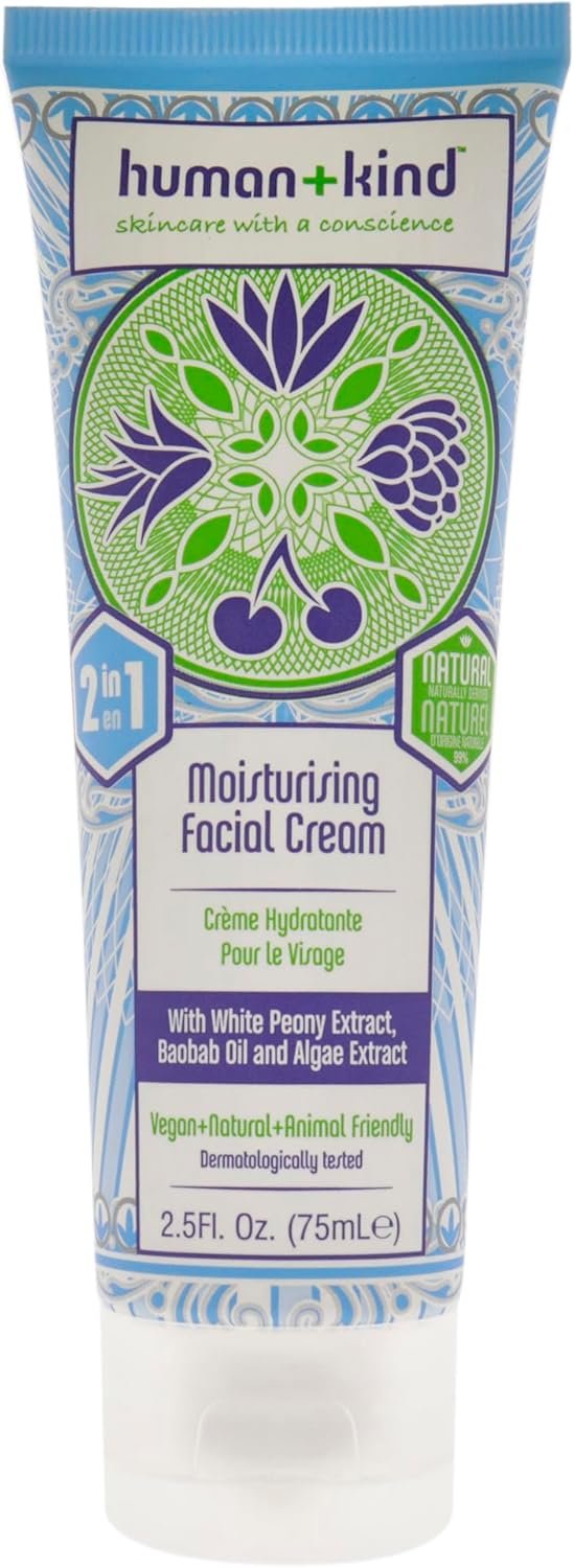 Human+Kind Moisturizing Facial Cream – Nourishing, Smoothing, Lightweight Daily Face Cream to Hydrate – White Peony Extract to Reduce Redness – Vegan, Soothing on Sensitive Skin – 2.5 oz