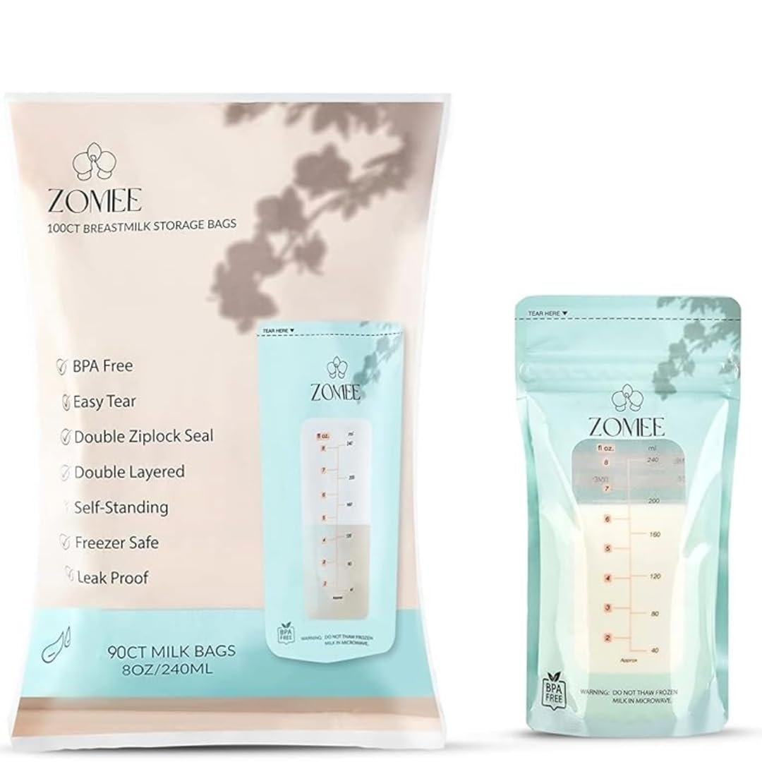 Zomee Breast Milk Storage Bags 8oz – Leakproof Double-Zip Seal, Self-Standing, Easy-Pour Design, Freezer Safe, Pre-Sterilized, BPA & Phthalate Free – Bulk Pack of 90