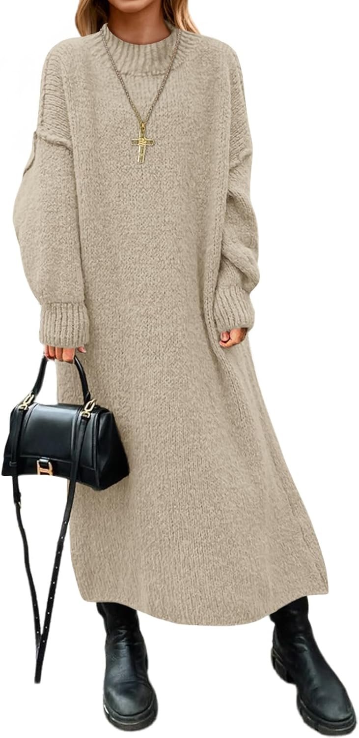 Saodimallsu Womens Oversized Sweater Dress Mock Neck Long Sleeve Casual Warm Chunky Knit Fall Winter Maxi Dresses