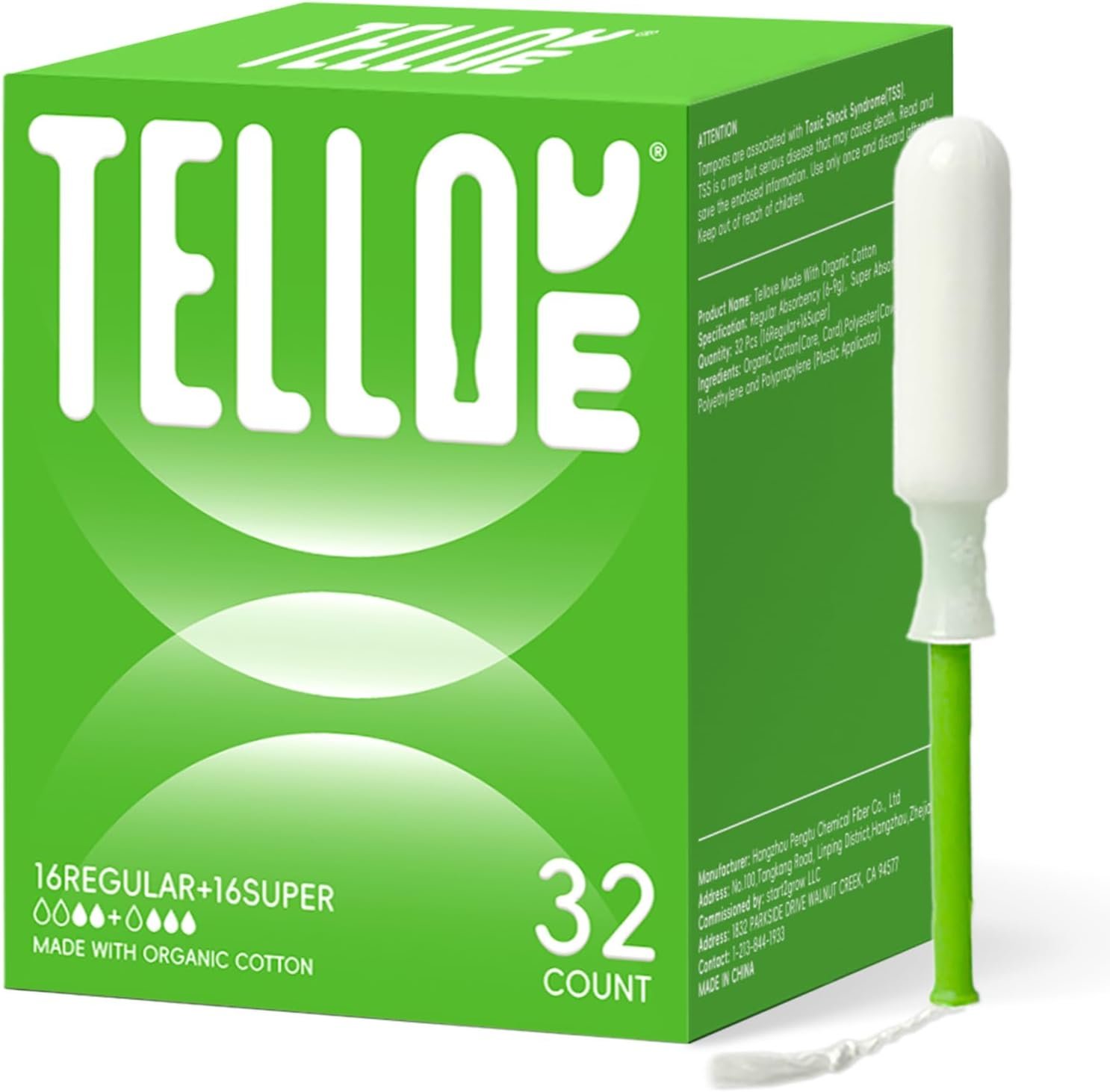 Tampons with 100% Organic Cotton Core, 32 Count(16 Regular, 16 Super), Featuring 360° Comfort-Expand Technology with BPA-Free Applicator, Leak-Proof for 8 Hours, Comfort-Fit for Sensitive Skin