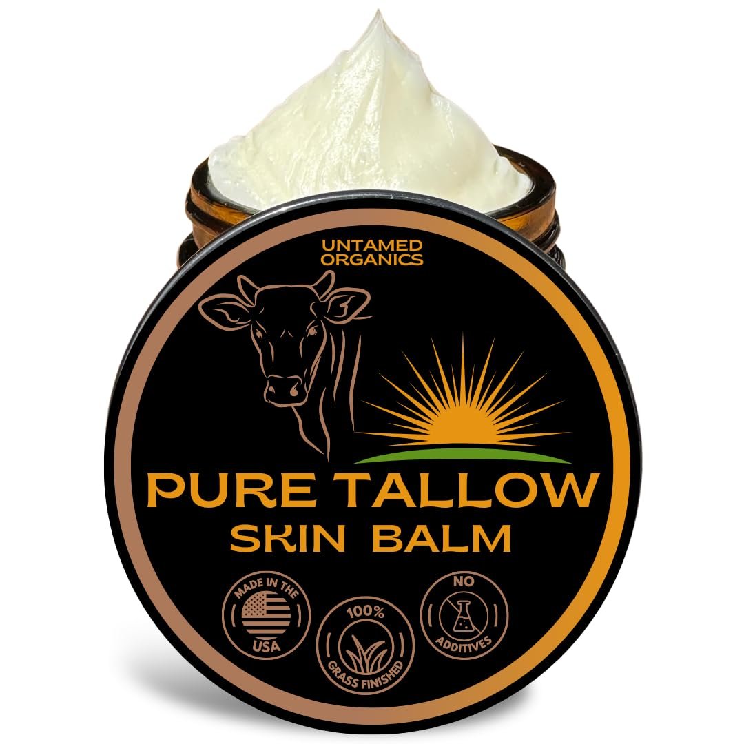 Untamed Organics Pure Tallow 100% Grass-Fed Grass-Finished Beef Tallow Balm For Skin Care – Full Body & Face Moisturizer For Sensitive Skin, Eczema – All-Purpose Pure Tallow Cream (Unscented) 2 oz