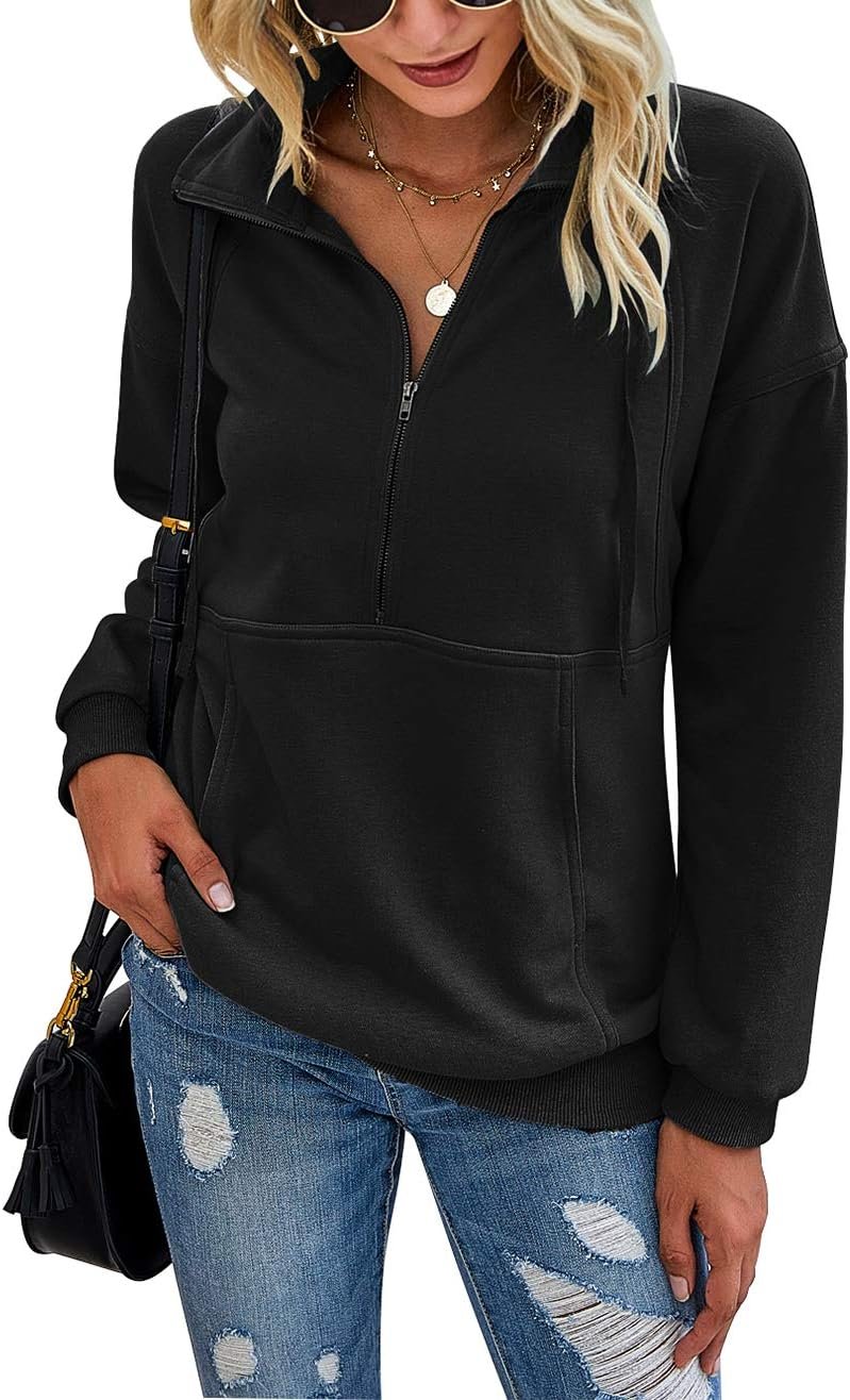 PRETTYGARDEN Women’s Casual Long Sleeve Lapel Zipper Sweatshirt Drawstring Loose Pullover Tops