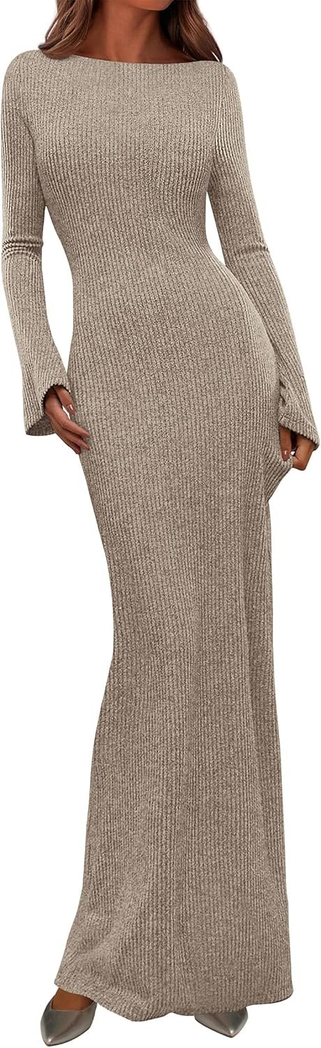 PRETTYGARDEN Women’s Fall Fashion 2026 Long Sleeve Maxi Dress Ribbed Knit Boat Neck Bodycon Casual Dresses Going Out Outfits