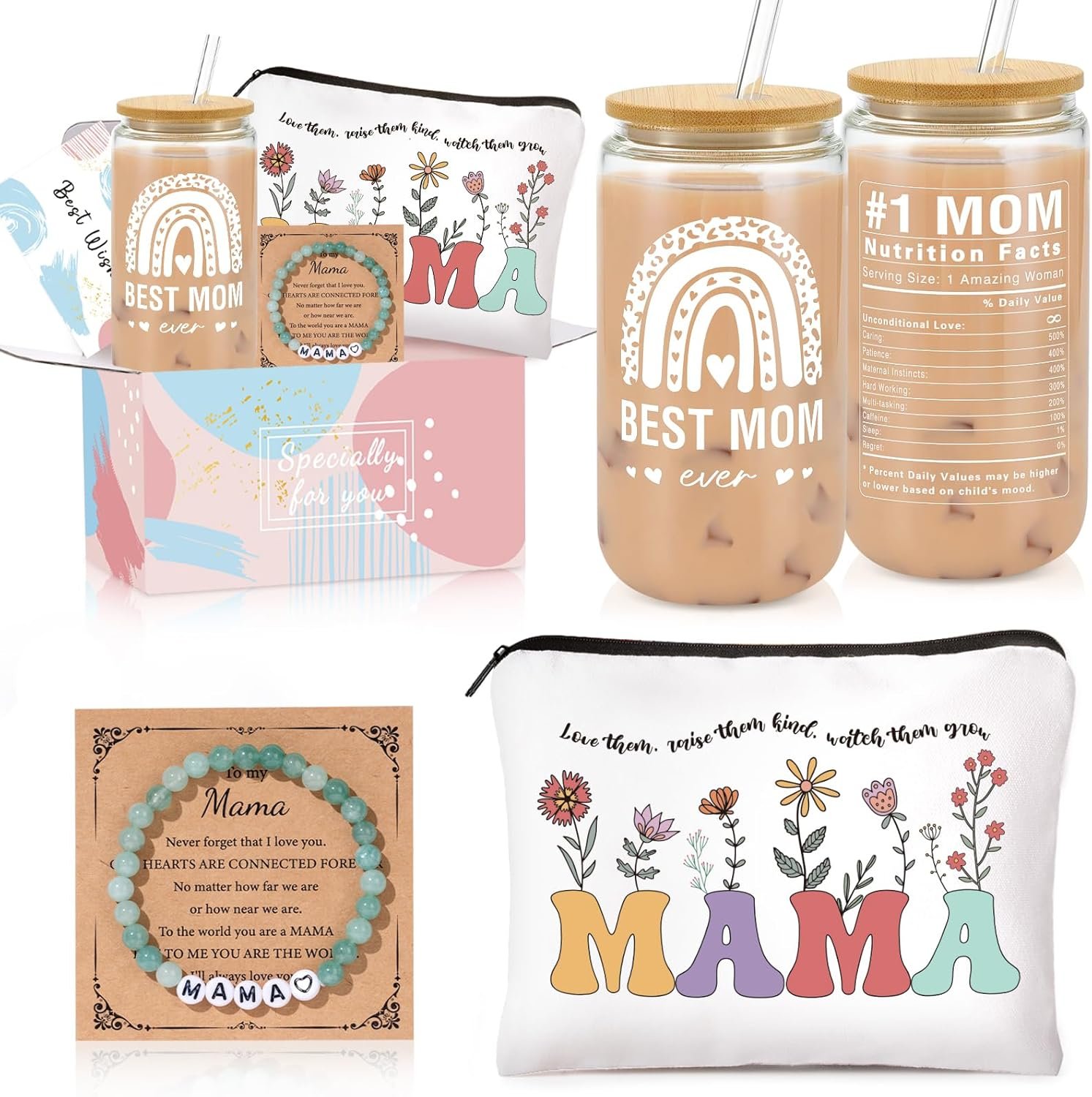 Mom Gifts for Women, Mama Gifts for Mother Birthday Set for Mother, New Mom Present Basket for Thanksgiving, Thank You Basket with 16 Oz Glass Cup, Makeup Bag