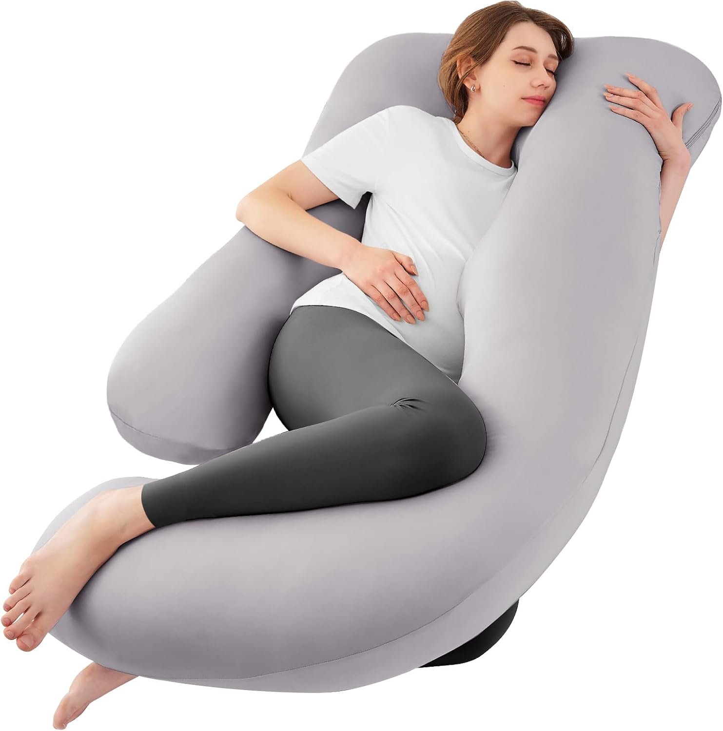 Sasttie Pregnancy Pillows for Sleeping, U Shaped Cooling Full Body Pillow with Removable Cover, Pregnant Women Must Haves, Maternity Essential, Light Grey