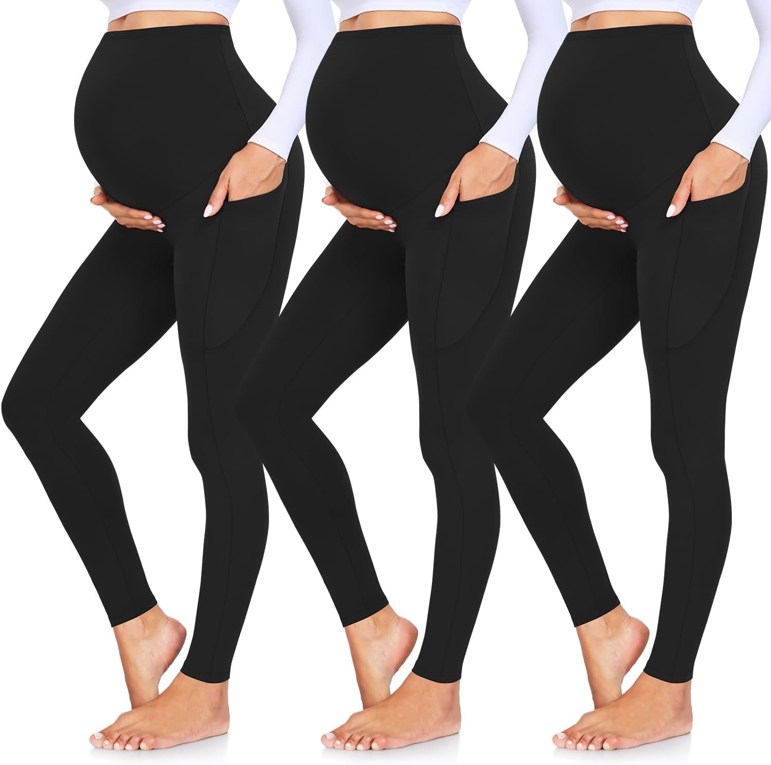 GROTEEN 3 Pack Women’s Maternity Leggings with Pockets Over The Belly Workout Yoga Pregnancy Pants