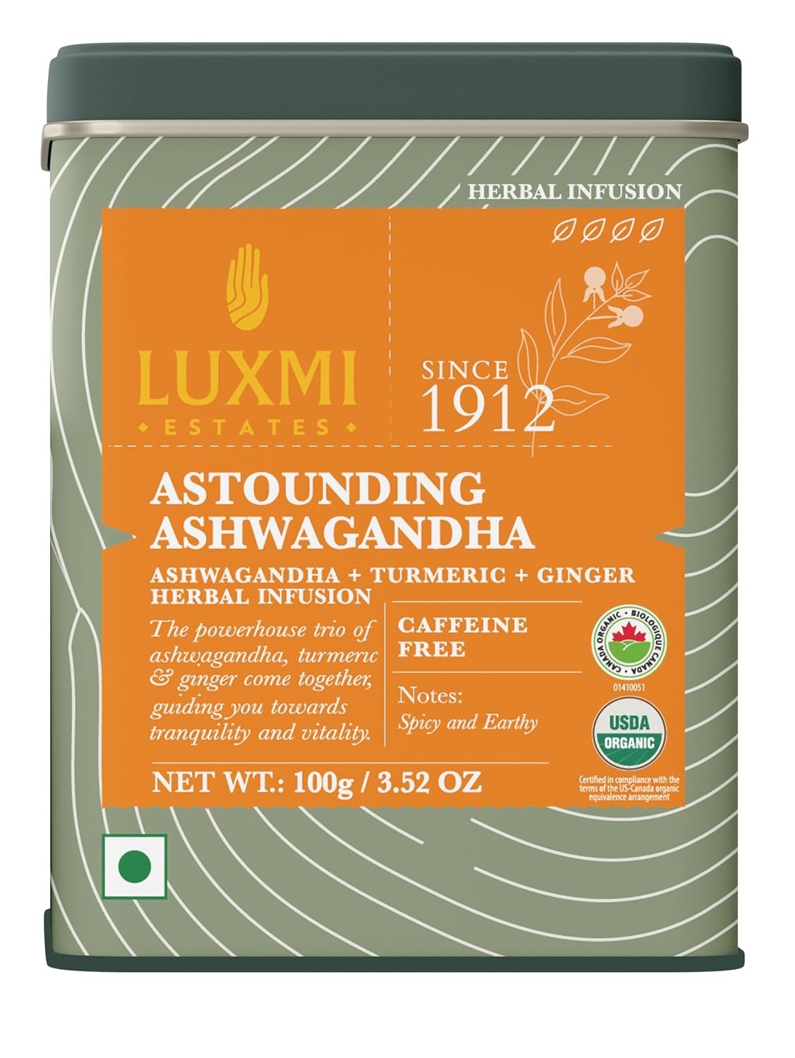Luxmi Estates – Astounding Ashwagandha – Organic Loose Leaf Tea – 100g (50 Cups) | With Ashwagandha, Turmeric, Ginger, Lemongrass & More | Perfect Stress Relief Tea