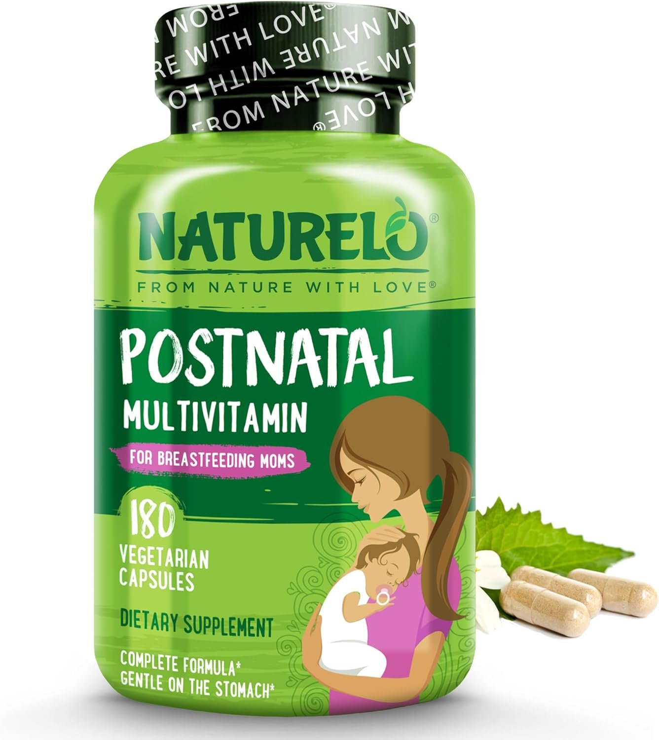 NATURELO Postnatal Multivitamin – Supplement for Breastfeeding Women – Plant-Based Vitamin D, Folate, Gentle Iron – for Nursing Mother, Baby – Post Natal Lactation Support 180 Capsules