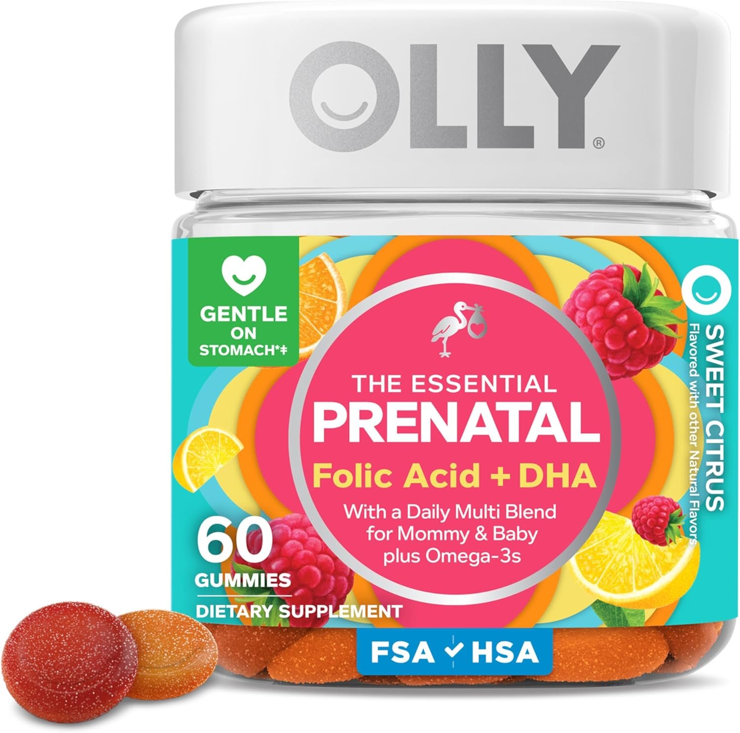 OLLY Prenatal Multivitamin Gummy, Supports Healthy Growth and Brain Development, Folic Acid, Vitamin D, Omega 3 DHA, Chewable Supplement, Citrus Berry Flavor, 30 Day Supply – 60 Count